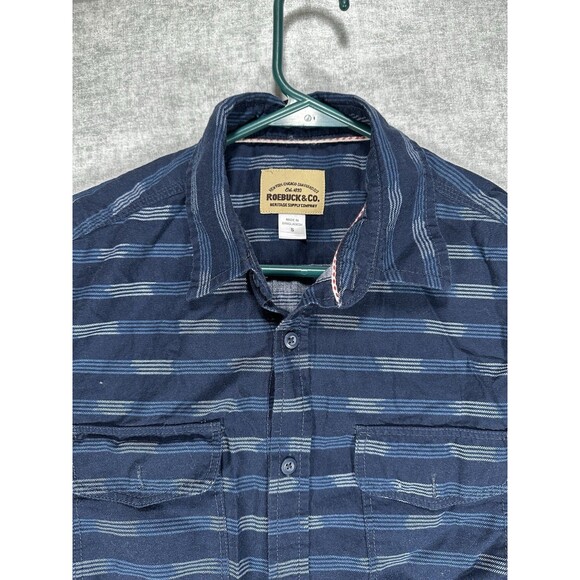 Roebuck & Co Button Up Shirt Mens Size S Navy Blue Striped Short Sleeve Collar - Picture 2 of 7